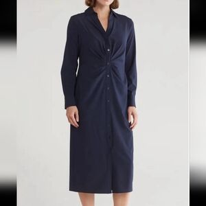 DKNY Midi Shirt Dress Navy Blue Button Front Twisted Waist Women Size 8